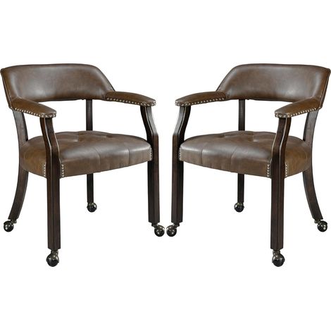 PADMA HOUSE Set of 2 Large Dining Chair with Casters and Arms, Rolling Dining-Chairs with Wheels, Accent Game Poker Chairs, Boss Caption's-Chair, Solid Wood Legs and Faux Leather Seat, Brown XXY1910BN (1/5)