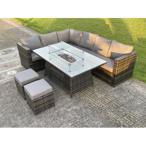 Fimous Outdoor Rattan Garden Corner Furniture Gas Fire Pit Table Sets Gas Heater Lounge Small Footstools Dark Grey 8 Seater (1/4)