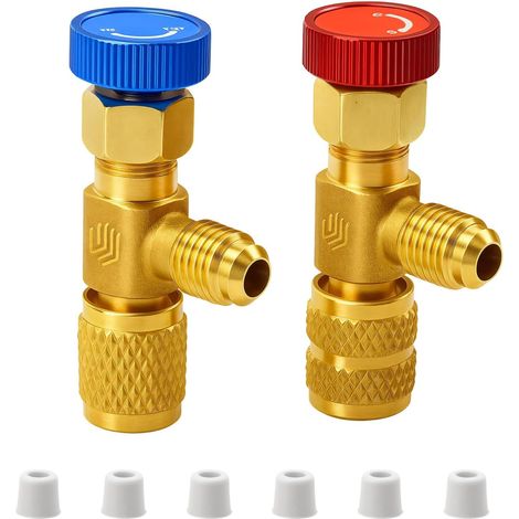 Lot de 2 - Soupape de sécurité - Vanne de remplissage - Compatible R410A R22 - Laiton renforcé anti-fuite - Pour climatiseur domestique et industriel - Doré - 1/4 pouce (1/5)