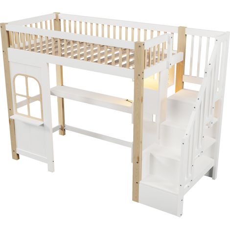 Letto a soppalco 90x200 cm con LED, scrivania, contenitore e scala, bianco e naturale (1/5)