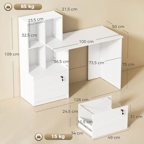 Bureau informatique avec étagères 4 casiers et tiroir sécurisé, 126 x 50 x 109 cm, finition bois blanc (1/4)
