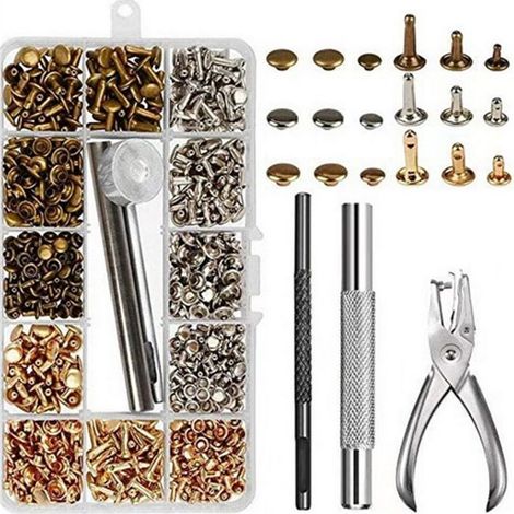 300 Sets Ledernieten, doppelt geköpfte Metallrohrnieten mit Stanzzange, DIY-Lederhandwerks-Befestigungswerkzeugset (1/5)