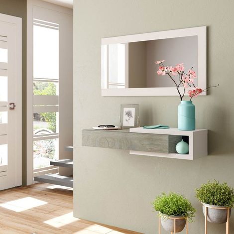 Meuble d'entrée avec miroir – Mélamine haute résistance – Dimensions 19 x 95 x 26 cm – Design nordique moderne – Venditadimobilionline (1/10)