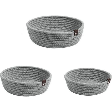 Ensemble de 3 paniers de rangement ronds en corde de coton tressée, gris, pour le rangement de bureau. (1/5)
