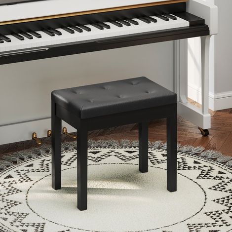 Banc de piano Tabouret de piano avec rangement, pieds en bois Banc de piano en faux cuir, noir, 55 x 34 x 50 cm