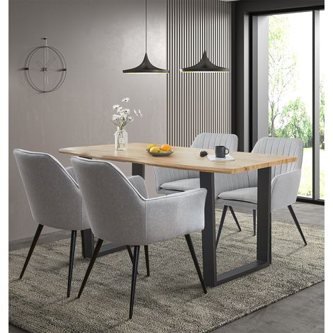 Hallowood Furniture Cullompton Dining Table and Chairs Set 4, Live Edge Effect Kitchen Table with U-Shaped Legs and Steel Grey Dining Chairs with Arms, Modern Furniture Set for Home and Cafe (1/5)