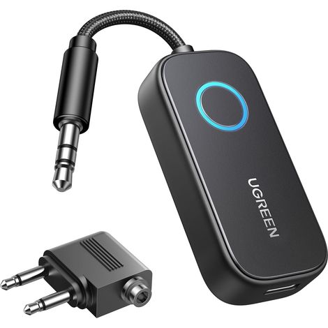 AptX Bluetooth 5.3 Émetteur Récepteur 2 en 1 Bluetooth Jack pour Avion Prise Jack 3.5 mm 28h d'autonomie pour Casque Écouteur Avion Enceinte Haut-Parleur Avec Adaptateur pour Avion (1/5)