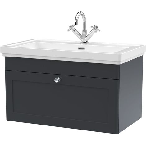 Balterley Swynnerton Traditional Bathroom Wall Hung 1-Drawer Vanity Unit & Fireclay Basin, Dark Grey, 800mm (1/5)