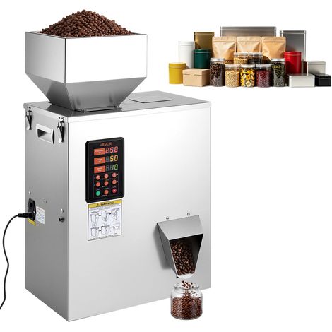 VEVOR Machine de Remplissage Automatique de Granules et de Poudres 10-500 g, Haute Precision, en Acier Inoxydable, Systeme de Pesage Intelligent pour Grains de Cafe, Cereales, The et Epices, Argent (1/5)