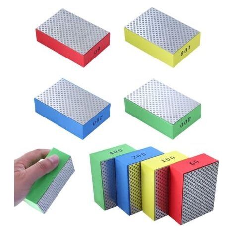 Lot de 4 tampons de polissage diamant à la main, blocs de ponçage pour pierre, céramique, carrelage, verre, 4 niveaux de rugosité – 60 100 200 400 (côté argenté) (1/4)