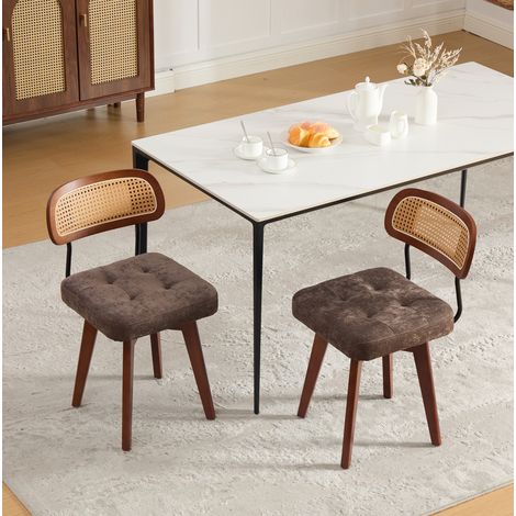 Set di 2 sedie girevoli 360° con schienale in rattan intrecciato, seduta imbottita in ciniglia color caffè (1/5)