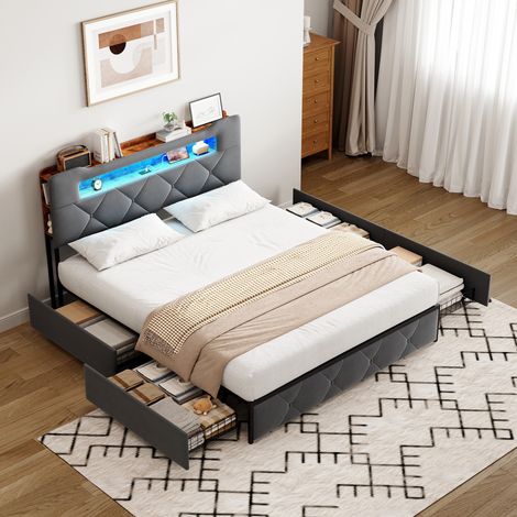 Polsterbett 140x200 cm mit Schubladen, Kopfteil mit LED, Anschluss, Lattenrost, Veloursstoff, modernes Erwachsenenbett (1/5)