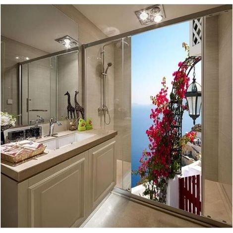 Autocollant de Porte Photo 3D - Vue sur Mer avec Fleurs Traditionnelles près d'une Maison Grecque (1/4)