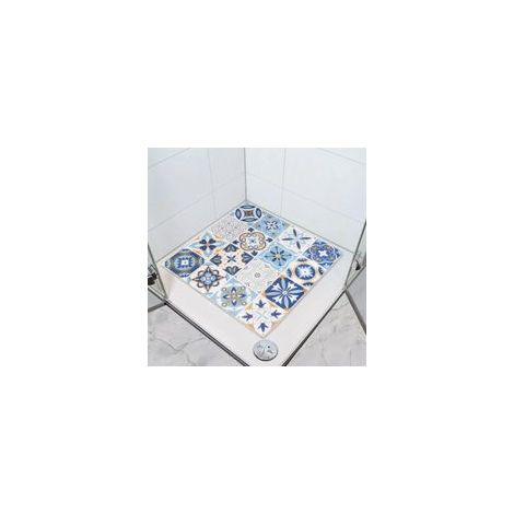 Tapis de douche antidérapant 60x40cm, tapis de bain carré, fond en maille perméable et respirante à carreaux bleus et blancs