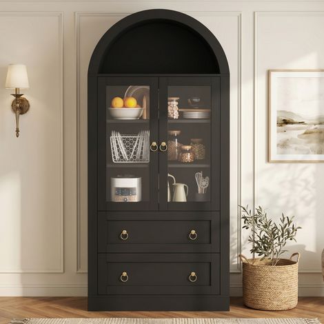 Armoire haute de rangement noire arche 80x36x170 cm avec tiroirs et portes vitrées, étagères modulables pour cuisine et salon (1/5)