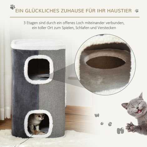 Tour de griffoir 3 étages 74 cm avec coussin, bord en peluche, cache pour chat, arbre à chat pour petits félins, gris et blanc (1/5)