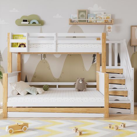 Lit superposé 90×200 & 120×200 cm pin+MDF blanc/naturel,3 positions,design spécial,escalier d’angle,protection anti-chute et rampe sécurité (1/5)
