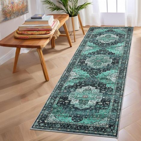 Tapis de couloir vintage lavable 2x6 – Antidérapant, ne peluche pas, pliable, aspect vieilli, style traditionnel, pour cuisine, chambre, entrée, salle de bain, vert.