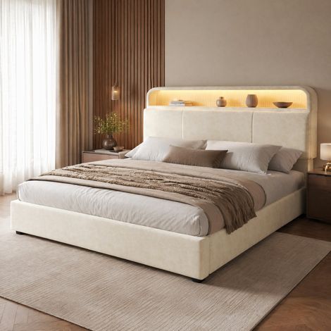 Cama tapizada moderna 140x200 cm de terciopelo beige con cabecero regulable con almacenaje, LED, USB/Type-C y somier (1/5)