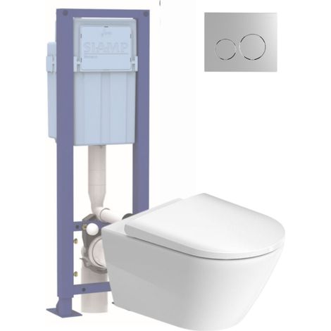 Pack WC suspendido sin aro DURAVIT D-Neo con asiento anticaída + estructura soporte SIAMP + Mando cromado