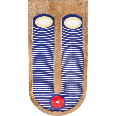 Décoration Murale Bohème en Bois de Manguier Artisanale Motif Abstrait Visage Bleu Jimeta