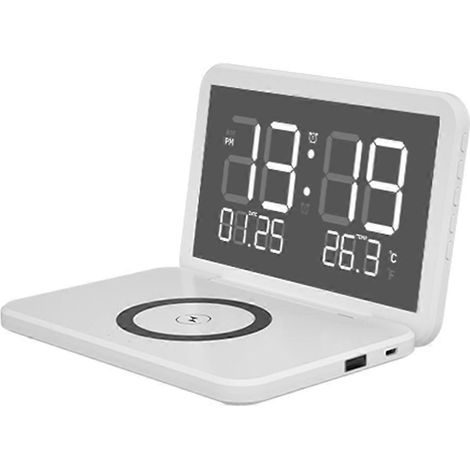 Kabelloser Wecker mit Ladefunktion, Kalender-, Temperatur- und LED-Spiegeleffektanzeige