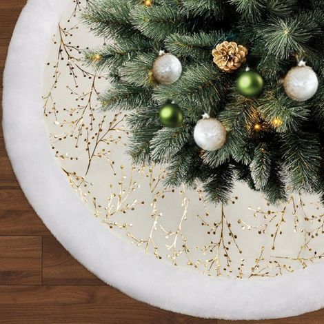 Jupe de sapin de Noël de 90 cm avec motif en osier doré et blanc estampillé à chaud, grande peluche patchwork en fausse fourrure d'arbre de Noël (1/5)