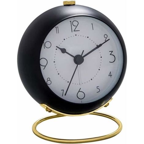 Réveil - Horloge De Bureau Rond - Cadre Métal Noir Verre Transparent Dos Plastique Doré - Silencieux À Quartz - Pour Bureau Chambre Table De Nuit - 1 Pièce (1/3)