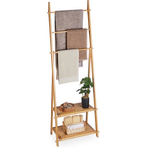 Relaxdays Portasciugamani Bagno da Terra, Piantana Porta Accappatoio con Ripiani Bambù, HLP: 153 x 53,5 x 30 cm, Marrone