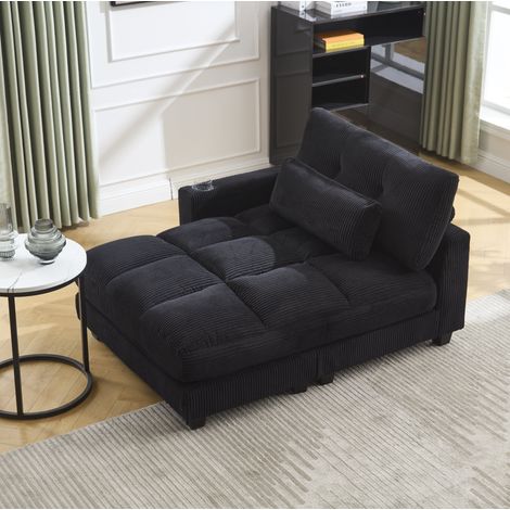 Fauteuil lounge en tissu côtelé noir avec porte-gobelets, poche latérale et USB, REDOM (1/5)