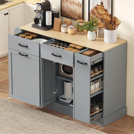Buffet moderne avec plusieurs tiroirs, meuble de rangement avec compartiment poubelle et étagère à épices extérieure pour salle à manger, salon et cuisine (gris)