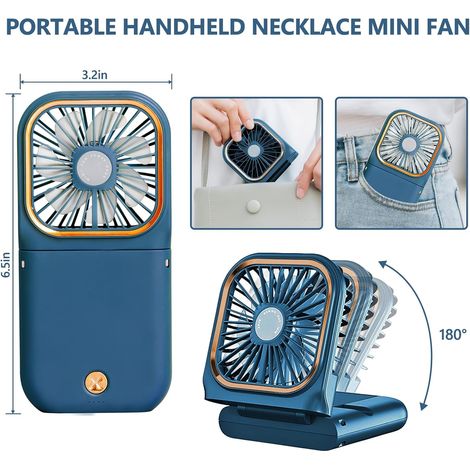 Ventilateur Cou Portable - Personnel - Silencieux pliable rechargeable USB support téléphone - Maison bureau voyage extérieur - Bleu (1/4)