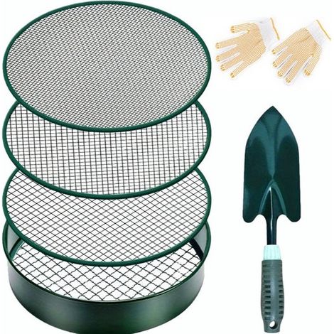 Juego de tamiz de jardín 4 en 1, pala redonda de metal de 30 cm para tierra y arena, guantes (1/5)