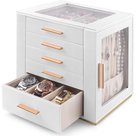 Grande Boîte à Bijoux pour Femme - Organisateur 5 Niveaux en Cuir PU avec Couvercle Vitré - Coffret pour Bagues, Boucles d’Oreilles, Colliers, Bracelets et Montres - Design Élégant, Blanc (1/5)