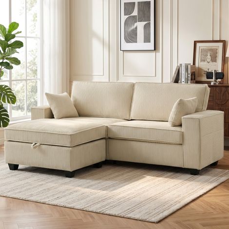 Canapé 3 places pouf rangement angle velours côtelé assise large 2 coussins beige. Canapé d'angle avec pouf de rangement, spacieux et fonctionnel. (1/5)
