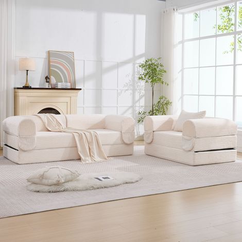 Canapé 3 place modulaire en velours côtelé,set 1+2 places,canapé lit,canapé convertible,canapé futon gain de place pour salon,appartement,beige