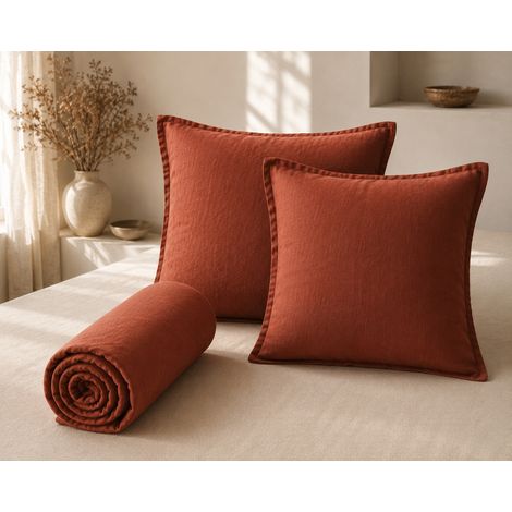 Parure Drap Housse 140 x 190 cm + 2 Taies 60x60 cm 100% Lin Français - Paprika (1/5)
