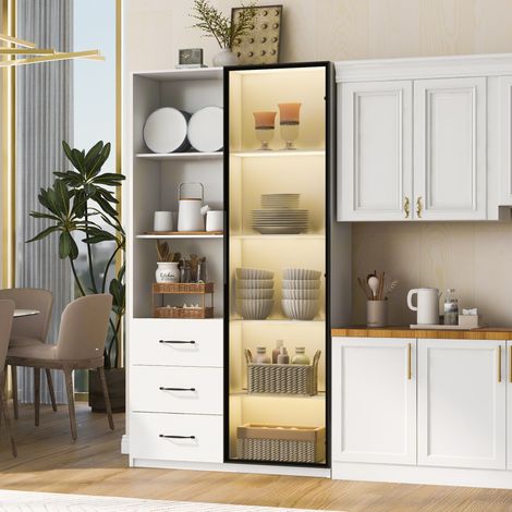 Vitrine LED 80 x 40 x 160 cm, 3 tiroirs et 3 étagères ouvertes, blanche OKMYHOME (1/5)