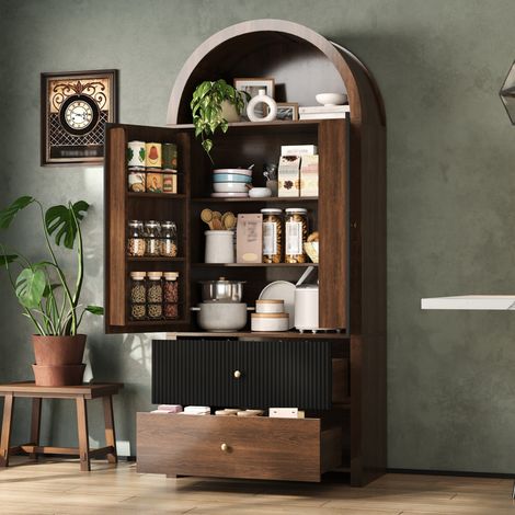 Buffet armoire en arc 80x40x180 cm, MDF, aspect noyer, étagères, 2 tiroirs, noir et naturel (1/5)