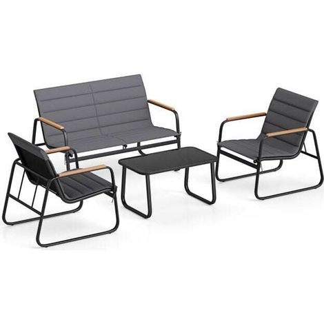 Salon de jardin gris 4 pièces en métal avec coussins amovibles, 2 fauteuils, banquette et table en verre pour terrasse (1/5)