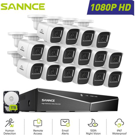 SANNCE 1080P 16CH Wired Surveillance Camera Kit 16 Bullet Cameras 2MP,Security Camera System Remote Access Night Vision,1TB HDD (1/5)