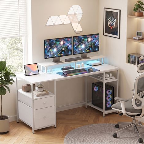 Bureau avec éclairage LED, tiroirs, prises électriques, ports USB et support pour écran, 155,5 x 48 x 88,5 cm, blanc (1/5)