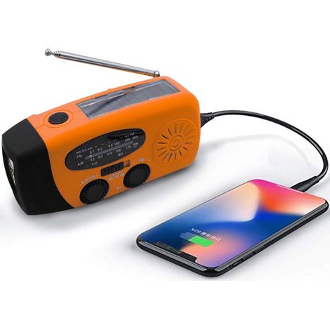 Radio météo solaire d'urgence, kit anti-sismique, manivelle, auto-alimentée, AM/FM/WB, radio de survie à manivelle, lampe torche LED, batterie externe 2000 mAh pour iPhone et smartphones (Orange)
