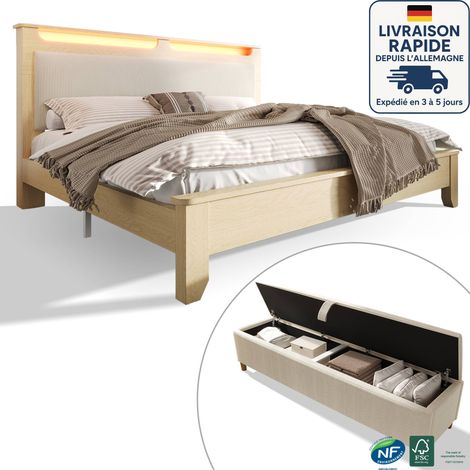 Cama doble tapizada 140×200cm - LED - Respaldo tapizado pana beige - Madera certificada PEFC + Banco cama con almacenaje - Roble claro