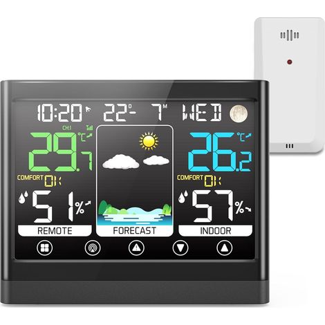 Station Meteo Interieur Exterieur Sans Fil avec Capteur Thermomètre Hygromètre LCD Écran Couleur avec Alerte Température Météo Prévisions DCF Radio Phase de la Lune Snooze Réveil