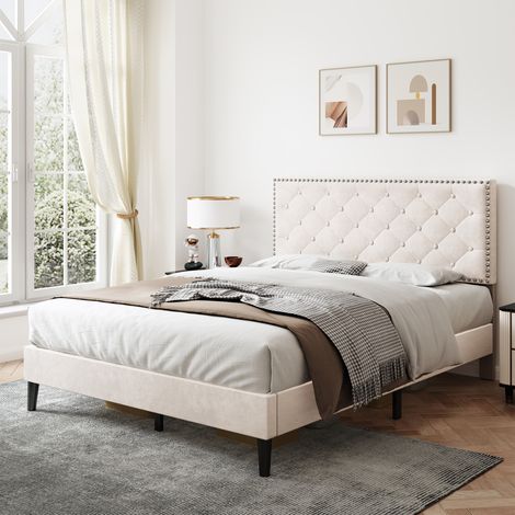 4ft6 Double Upholstered Velvet Bed Frame, with Adjustable Button-Tufted & Riveted Headboard, Velvet Platform Bed Frame with Solid Wood Slat and Mute Foam, No Box Spring Needed, Easy Assembly, Beige