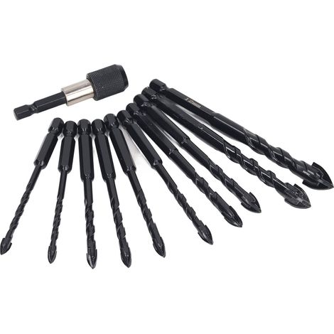 Jeu de 11 mèches à béton carbure, diamètres 5-12mm, pour perçage carrelage, brique et pierre avec perceuse à percussion. (1/5)