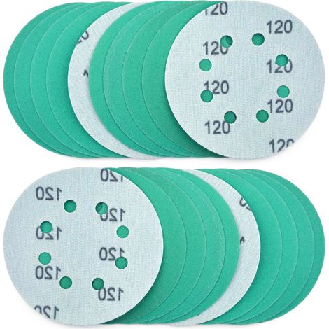 Disque Abrasif Velcro 5 Pouces 8 Trou Papier Sablage Ponçage Bois Métal Peinture Auto 120 Grain 20 Pièces (1/4)