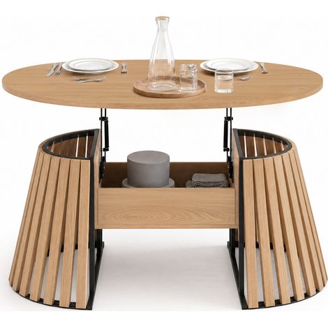Ovaler Couchtisch CARMEN mit hochklappbarer Tischplatte (110 cm), Holzbeinen aus Latten und Holzplatte (1/5)