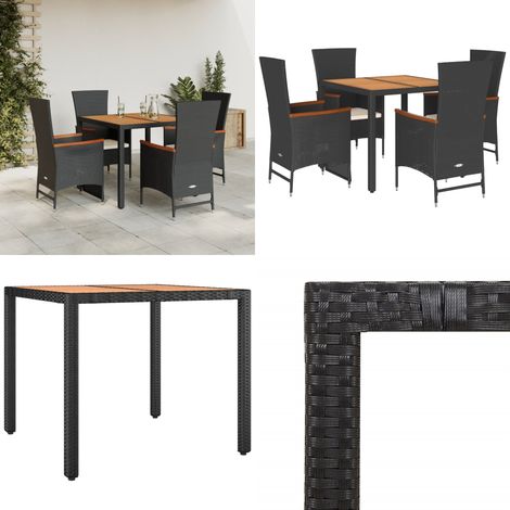 5-tlg. Garten-Essgruppe mit Kissen Schwarz Poly Rattan - Gartenmöbel Set - Esstisch - Gartenstühle - Rattan Möbel - Outdoor Möbel - Home & Living